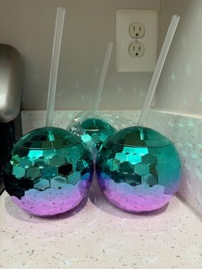 Teal to Purple Iridescent Disco Ball Tumbler with Straw - Home Party Supplies
